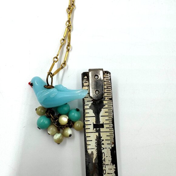 Vintage Lenora Dame Art Glass Blue Bird Sitting on Eggs Pendant Necklace Gold To - Picture 16 of 16